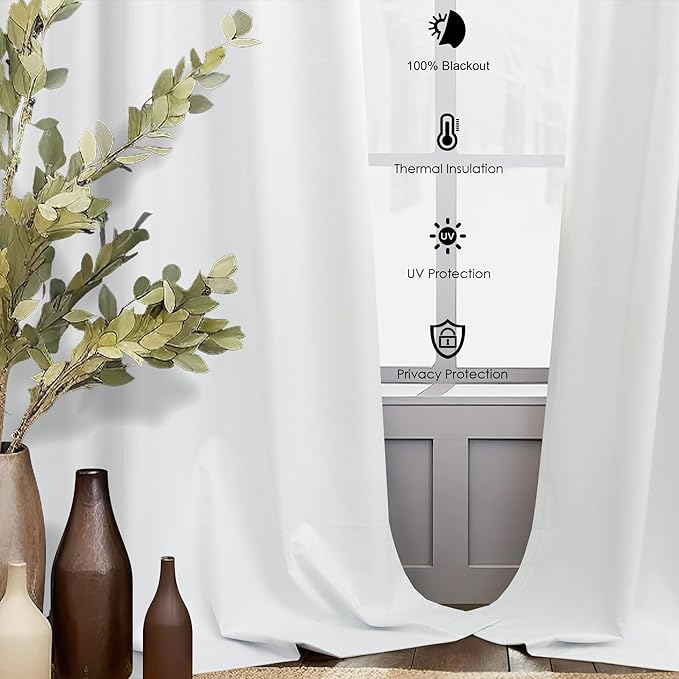 104 Inch Long Curtains White Linen Black Out Back Tab Pleated Blackout Curtain for Living Room Bedroom Teen Girls Thick Linen Lightweight Heat Draft Blocking Window Drapes Office Custom Length 2 Panel-CasaMuseHome