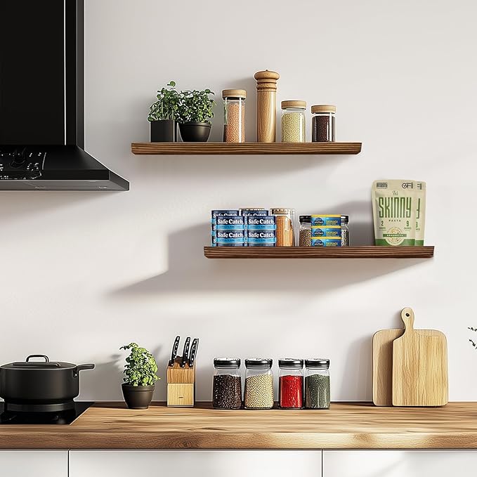 24"x6.8"x1.2" Solid Wood Floating Shelves 2-Pack - Rustic Brown Finish with Hidden Brackets, Perfect for Storage and Décor in Living Room, Kitchen, Bedroom-CasaMuseHome