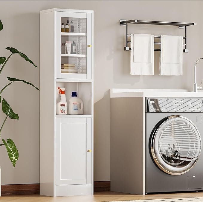 67" Tall Bathroom Storage Cabinet, Narrow Metal Floor Cabinet with Glass Door and Adjustable Shelves, Freestanding Metal Locker for Laundry, Kitchen, Dining Room-CasaMuseHome