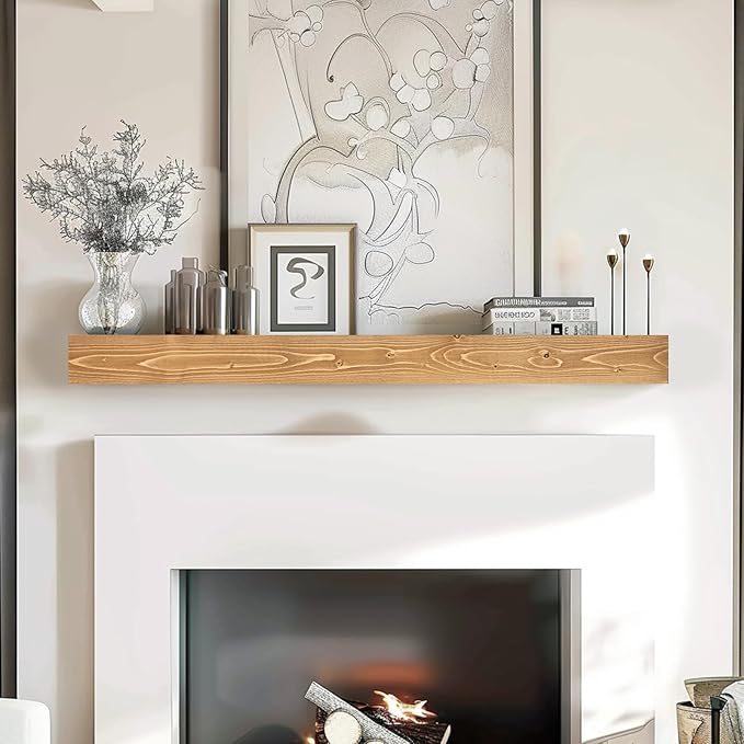 48x8x3 Fireplace Mantel - Handcrafted Hollow Rustic Solid Wood Wall Mounted Floating Shelf with Invisible Heavy Duty Wood Bracket (Natural Wood)-CasaMuseHome