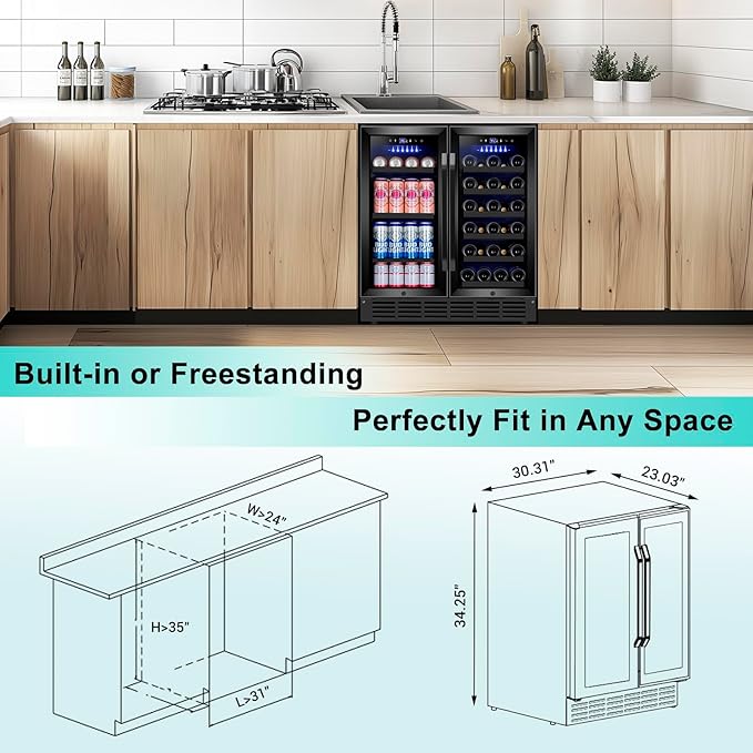 30 Inch Wine and Beverage Refrigerator, Upgrade Dual Zone Wine Cooler, 30'' Wine beverage Fridge Built in or Freestanding Under Counter Large Capacity Glass Door Advanced Cooling System,Black-CasaMuseHome