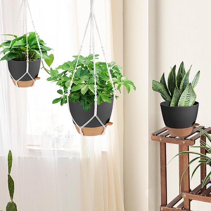 41.5 Inch Macrame Plant Hanger Indoor Outdoor with 12 Inch Flower Pot, Hanging Planter for Plants Holder with Wood Beads for Boho Home Decor (Ivory+Black)-CasaMuseHome