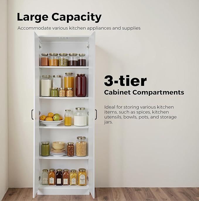 71" Tall Pantry Cabinet/Storage Cabinet, Wood Cupboard with 2 Door and 3 Adjustable Shelves for Kitchen, Dining Room, Living Room, Bathroom (Style 2)-CasaMuseHome