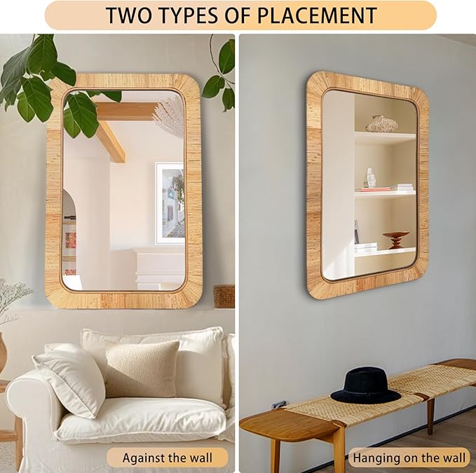 24x36 inch Rattan Rectangular Mirror for Wall, Bohemia Bathroom/Farmhouse Boho Mirrors, Vanity Irragular Decorative Mirror, Suitable for, Nursery, Bedroom, Living Room, Home Decoration-CasaMuseHome