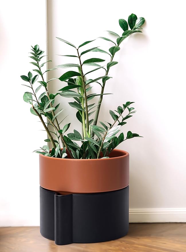 8 Inch Self-Watering Planter Pot with Terracotta Insert, Deep Water Reservoir, and Ceramic-Alike BPA-Free Plastic Planter Pot for Plant, Modern Planter for Houseplants, Black/Terracotta, 53-B-T-5-CasaMuseHome