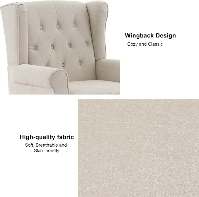 Accent Chair, Upholstered Armchair with Button Tufted High Back & Solid Wood Legs, Comfy Wingback Reading Single Sofa Chair for Small Spaces, Living Room, Bedroom (Beige, Set of 1)-CasaMuseHome