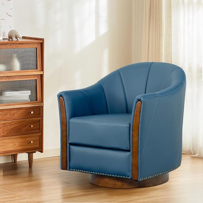 360° Swivel Accent Chair, Modern Leather Barrel Club Chair with Leather Upholstery and Sturdy Wood Base, Comfortable Armchair for Living Room, Bedroom, Reading Nook, Blue-CasaMuseHome