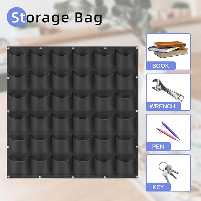 36 Pockets Hanging Planter Bags, Hanging Vertical Wall Mounted Plant Planting Grow Bags, Herb Garden Planter Outdoor Indoor Growing Bag, Gardening Vertical Greening Flower Container(1m×1m, Black)-CasaMuseHome