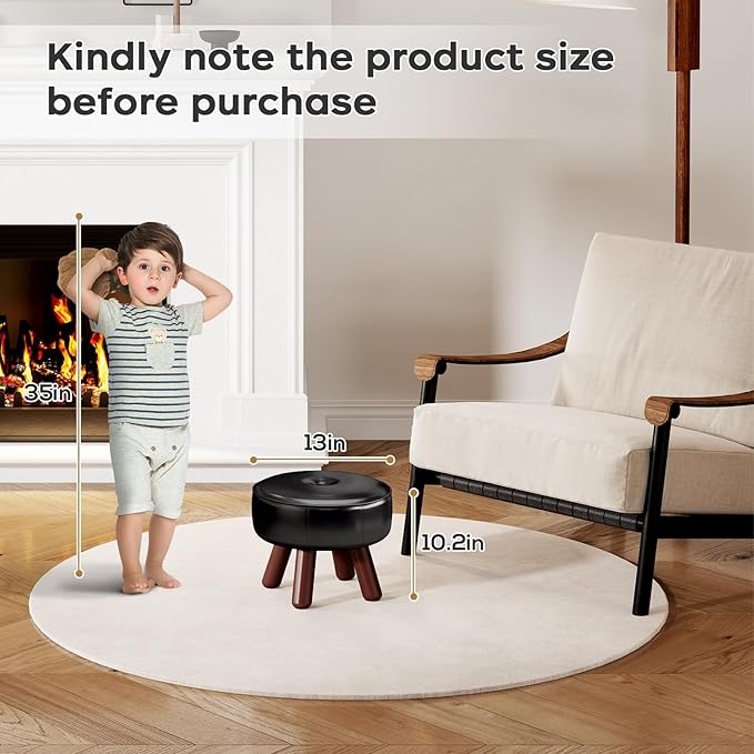 13in Small Foot Stool Ottoman, Round Faux Leather Foot Rest, Footstool Ottomans with Rubber Legs Under Desk, Footrest for Couch, Living Room, Bedroom, Office, 13''L x 13''W x 10.2''H, Black-CasaMuseHome