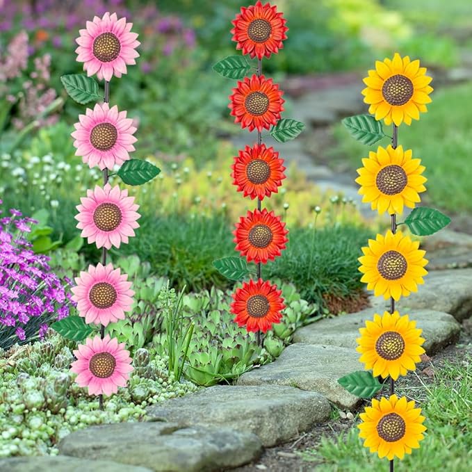3 Pack Sunflowers Garden Stakes Decor,Metal Yard Art Decorative Garden Stakes,Metal Flowers Spring Garden Decor for Outside,Landscape,Patio(22.6 * 4.7IN)-CasaMuseHome
