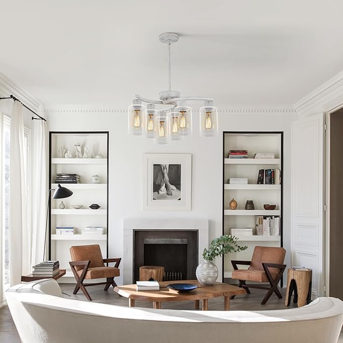 6-Light Antique White Chandelier with Clear Glass Shade, French Country Chandeliers for Dining Room, Adjustable Height Hanging Farmhouse Pendant Lighting for Kitchen Island Entryway Office-CasaMuseHome