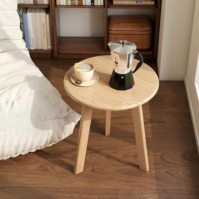 100% Solid Oak Round Side Table, Small Bedside Table for Small Spaces, Living Room End Table with Stable Frame for Bedroom Couch, (Natural, 17.71" D x 19.68" H)-CasaMuseHome