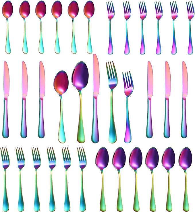 30 Pcs Rainbow Silverware Set for 6, Food Grade Stainless Steel Flatware Set, Eating Utensils Sets Include Fork/Knife/Spoon,Home Kitchen Tableware Set, Reusable Cutlery Set, Dishwasher Safe-CasaMuseHome