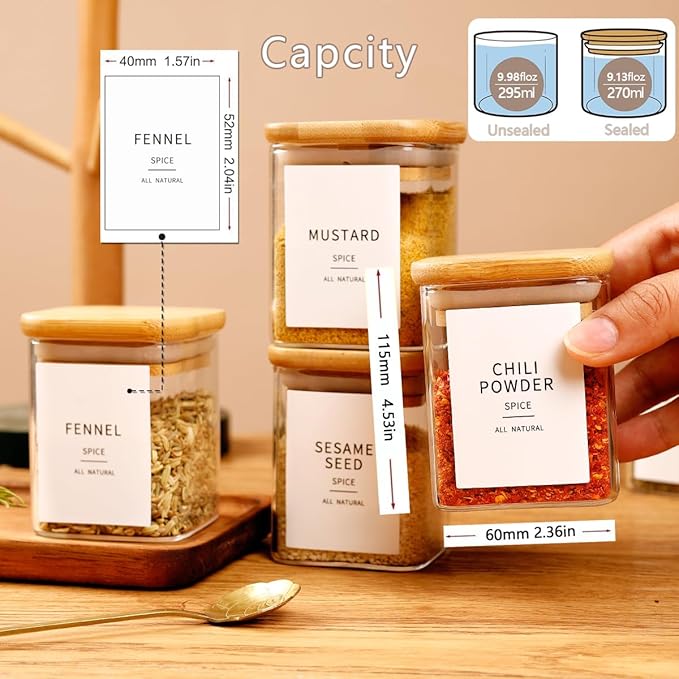 12 Pcs Square Glass Spice Jars with Natural Bamboo Lids - 9oz Airtight Herb Containers with 148 Waterproof Minimalist Spice Labels Preprinted - Empty Small Seasoning Jars for Kitchen Pantry-CasaMuseHome