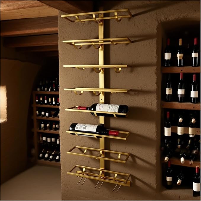 8 Bottle Wall Mount Wine Rack with Wine Glass Holder, Metal Wine Wall Rack, Wall Racks for Wine Bottles Display and Storage, Hanging Bottle Organizer for Living Dining Room Wine Cellar Bar (Gold)-CasaMuseHome