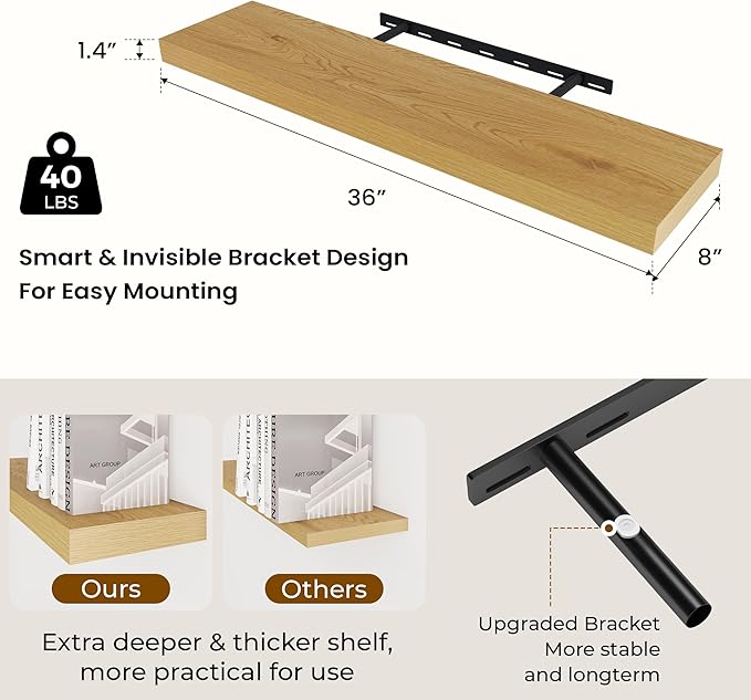 36 inch Floating Shelves Wall Shelves for Office with Invisible Brackets, 8 inch Deep Shelves for Bathroom, Living Room, Kitchen, Office, 36x7.9 inch deep Set of 2, Oak-CasaMuseHome