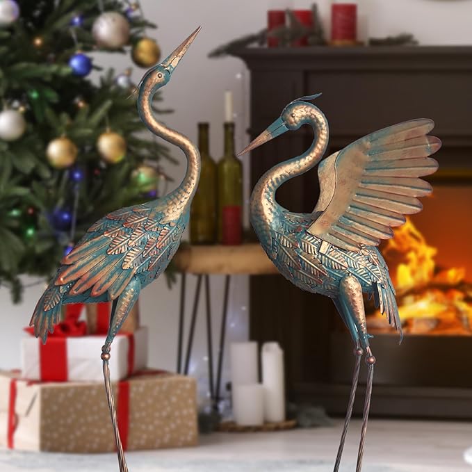 33-37 Inch Metal Crane Garden Statue Décor, Bird Heron Garden Sculpture & Statues, Outdoor Decoration for Yard Pond Lawn Backyard Pool, Vintage Spread Wings Crane, Set of 2 Copper…-CasaMuseHome