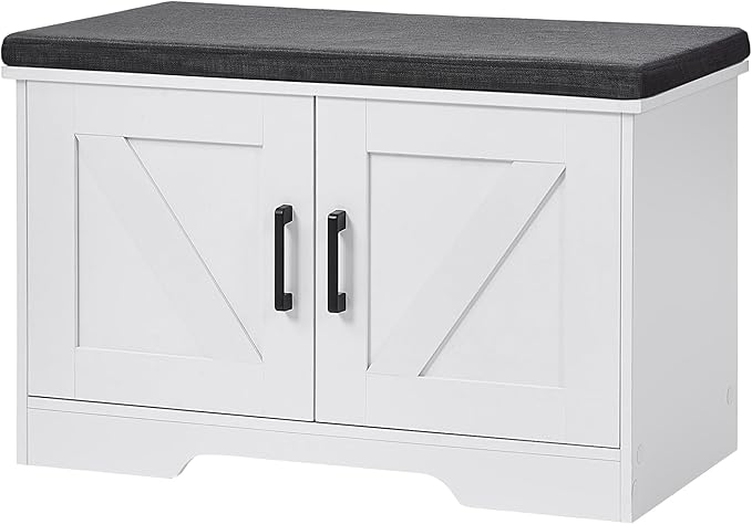 2-Tier Storage Bench, Shoe Bench with Padded Seat Cushion, Entryway Bench with 2 Barn Doors, Adjustable Shelf, 13.8" D x 27.6" W x 17.7" H, for Entryway, Living Room, Bedroom, White-CasaMuseHome