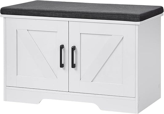 2-Tier Storage Bench, Shoe Bench with Padded Seat Cushion, Entryway Bench with 2 Barn Doors, Adjustable Shelf, 13.8" D x 27.6" W x 17.7" H, for Entryway, Living Room, Bedroom, White-CasaMuseHome
