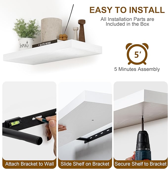 8 Inch Deep Floating Shelves White, Rustic Wood Floating Shelf for Home Decor, 8 x 8 Inch Square Wall Shelves, Wooden Storage & Display Shelves for Kitchen, Bathroom, Living Room, Set of 2-CasaMuseHome