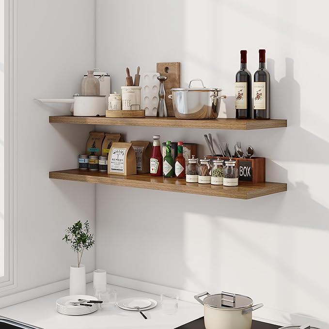 48" Floating Shelves for Wall, 12" Deep Slim Walnut Floating Shelves, Wall-Mounted Shelves for Bedroom, Living Room, Kitchen, Bathroom - Set of 2-CasaMuseHome