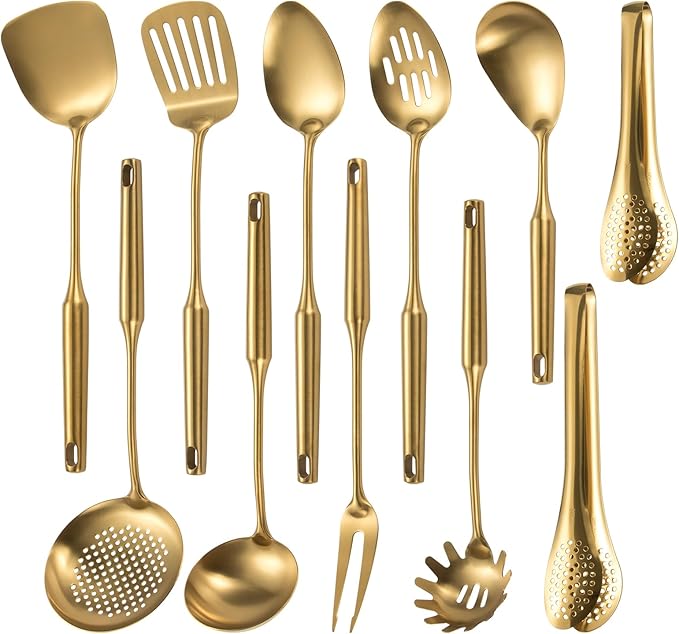 304 Stainlss Steel Matte Kitchen Utensils Set, 11 Pcs Long Metal Cooking Utensil Gadgets Tools Set with Spatula, Spoon, Ladle, Skimmer, Tunner, Pasta Server, Tongs(Gold, Dishwasher Safe)-CasaMuseHome