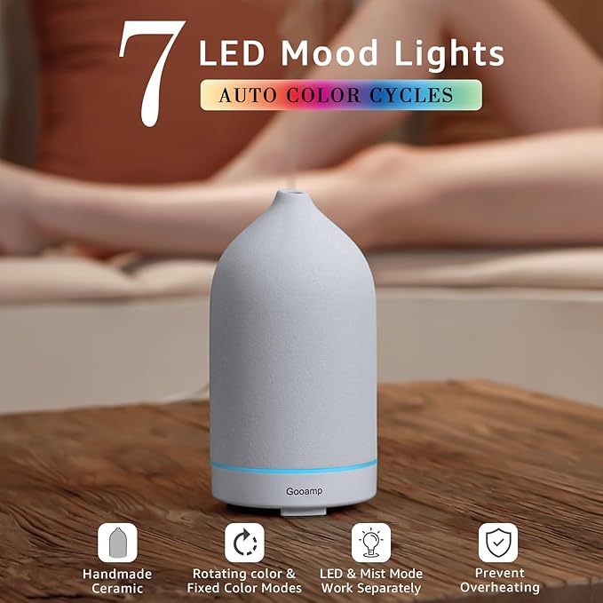200ML Ceramic Essential Oil Diffuser - Ultrasonic Aromatherapy & Humidifier with 7-Color LED Lights, Auto Shut-Off, White, 1H/3H/6H Timer | Scent for Home,Office,Yoga-CasaMuseHome