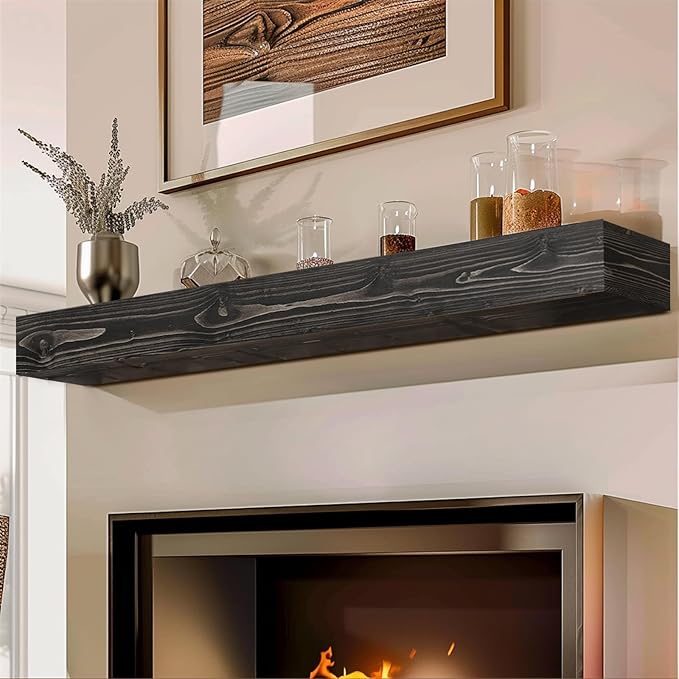 56x8x5 Fireplace Mantel - Handcrafted Hollow Rustic Solid Wood Wall Mounted Floating Shelf with Invisible Heavy Duty Wood Bracket (Weathered Black)-CasaMuseHome