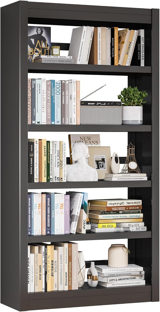 5 Tier Adjustable Black Bookcase, Metal Small Bookshelves and Bookcases, 61" H Display Modern Bookshelf for Living Rooms, Bedrooms, Home Offices, 10 Minutes Assemble-CasaMuseHome
