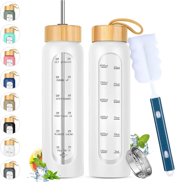 32 oz Glass Water Bottle with Straw - Motivational Time Marker & Silicone Sleeve - Reusable Tumbler Includes 2 Bamboo Lids & Fruit Infuser - 1 Pack-CasaMuseHome