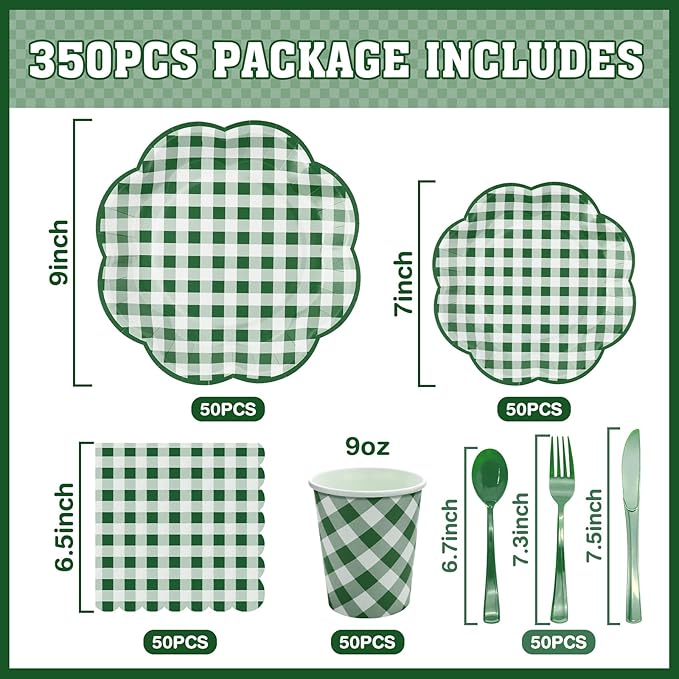 350 Pcs Green Gingham Plates and Napkins Party Supplies - Green and White Checkered Plates Sets Serve 50 Guests - Scalloped Gingham Paper Plate for Birthday Picnic BBQ Golf Party Decorations-CasaMuseHome