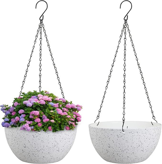 8 inch Hanging Planters for Small Indoor Outdoor Plants, 2 Pack Hanging Flower Pots with Drainage Holes and Chain for Garden Porch, Plastic Hanging Baskets for House Plants, Speckled White-CasaMuseHome