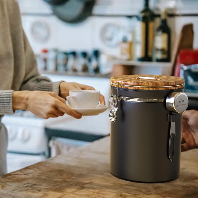 35OZ Coffee Canister for ground coffee with Date Tracker,Wood grain lid 304 Stainless Steel Kitchen Food Airtight storage container for Coffee Beans or Grounds, Tea, Sugar(35oz-grain)-CasaMuseHome