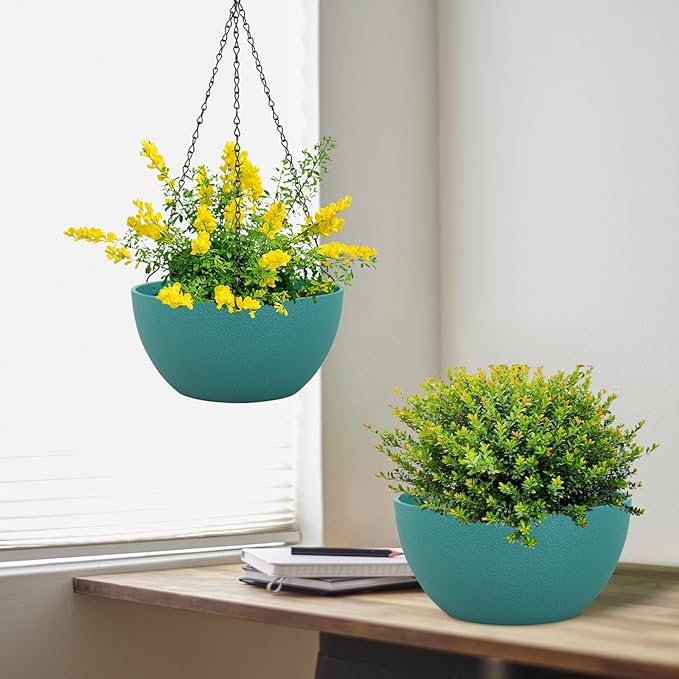 8 inch Small Hanging Planters Plant Pots for Indoor Outdoor Plants, 2 Pack Hanging Flower Pots with Drainage Holes and Chain for Garden, Plastic Hanging Baskets for House Plants, Blue Green-CasaMuseHome