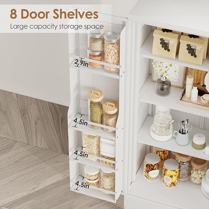 51" Kitchen Pantry Cabinet, Metal Storage Cabinet with 3 Adjustable Layer Shelves, 8 Door Shelves, Buffet Sideboard for Living Room, Kitchen, White-CasaMuseHome