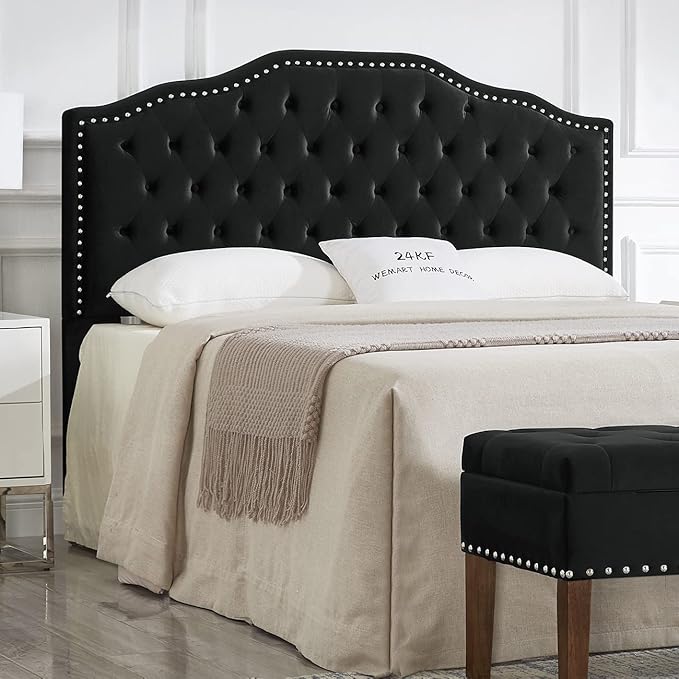 24KF Upholstered Button Tufted Queen Size Full Size Headboard with Nailhead Trim, Soft Velvet Fabric Headboard Queen/Full Size Headboad-Black-CasaMuseHome