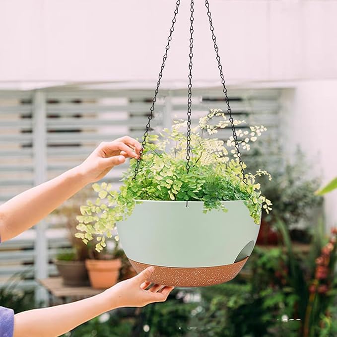 2 Pack Hanging Planters for Indoor Outdoor Plants, 12 Inch Self Watering Hanging Pot with Drainage Holes and Saucer, Plastic Plant Pots, Green Brown Flower Pots for Kitchen, Balcony, Garden-CasaMuseHome