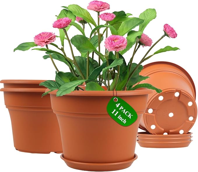 11 Inch Plastic-Flower-Pot-for-Indoor-Plants, 4 Pack Large Outdoor Planter Pot with Drainage Holes & Saucers, Resin Decorative Garden Pots Planters-CasaMuseHome