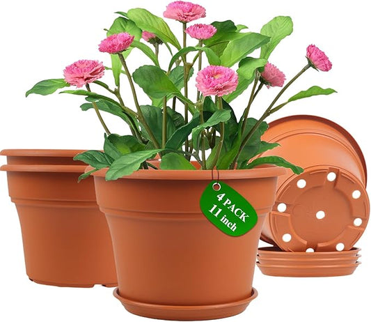 11 Inch Plastic-Flower-Pot-for-Indoor-Plants, 4 Pack Large Outdoor Planter Pot with Drainage Holes & Saucers, Resin Decorative Garden Pots Planters-CasaMuseHome