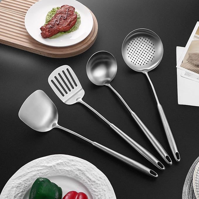 15" Wok Spatula and Ladle,Skimmer Spoon, Slotted Turner Spatula,304 Stainlss Steel Matte Kitchen Utensils Set,4PCS Wok Accessories,Cooking Utensils Tools-CasaMuseHome