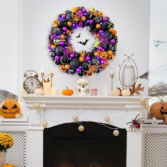 17 Inch Halloween Ball Wreath for Front Door with Lights, Lighted Cute Treat-or-Trick Door Wreath Ball Ornament for Halloween Indoor Decorations Centerpiece Party Holiday Wall Home Decor-CasaMuseHome