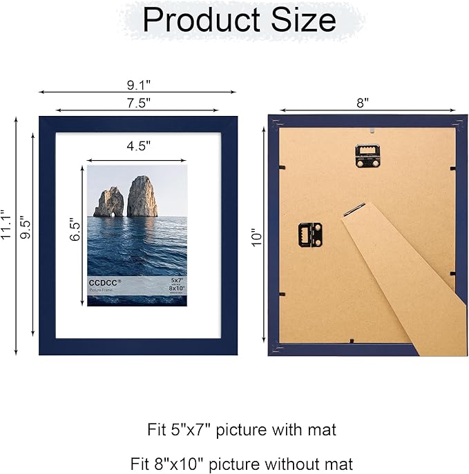 8x10 Picture Frame Set of 4, 8 x 10 Wood Photo Frames with Mat for 5x7, Natural Wooden Frame with Real Glass Cover for Wall and Tabletop Display,Blue-CasaMuseHome