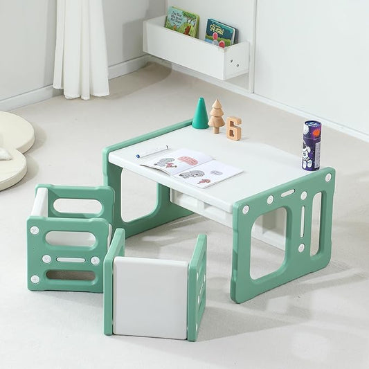 3 in 1 Montessori Weaning Table and 2 Chairs Set, Kids Activity Table Set, 2 Height Levels, Toddlers Activity Table for Drawing, Dining, Reading and Playing, Green-CasaMuseHome
