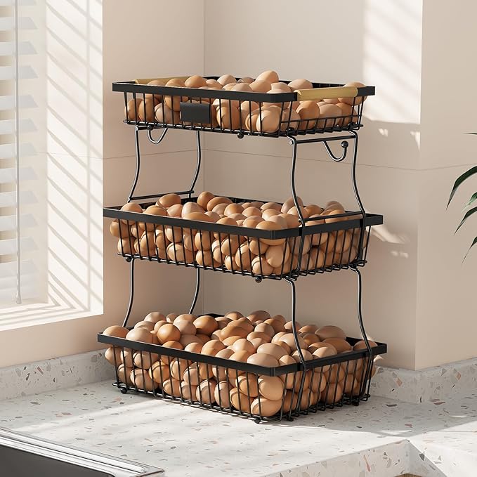 3 Tier Fruit Basket for Kitchen Counter with 2 Banana Hangers, Countertop Metal Fruit Bowl with Wooden Handle, Large Storage Stand for Vegetables, Snacks, Breads, Produce Storage – Black-CasaMuseHome