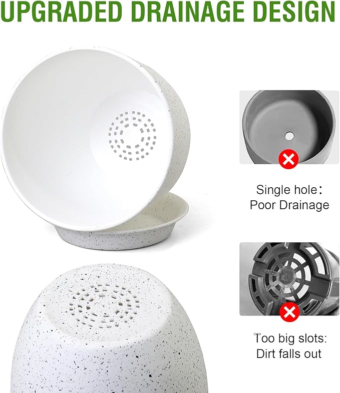 9/8/7.5 inch Flower Pots, Set of 3 Modern Decorative Plastic Planters with Drainage Holes and Saucers for Garden House Plants, Plant Pots for Indoor Outdoor Plants, Speckled White-CasaMuseHome