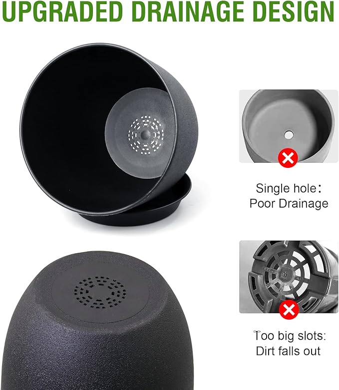 9/8/7.5 inch Plant Pots, Set of 3 Modern Decorative Plastic Planters with Drainage Holes and Tray, Flower Pots for Indoor Outdoor Plants, Black-CasaMuseHome