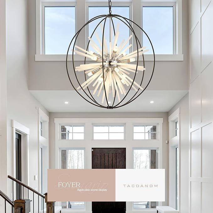 31.5" Black Chrome 16-Light Globe Sputnik Chandelier Modern Adjustable Hanging Ceiling Glass Tube Pendant Light Fixture for Entryway Foyer Stairway Dining Living Room Hallway-CasaMuseHome