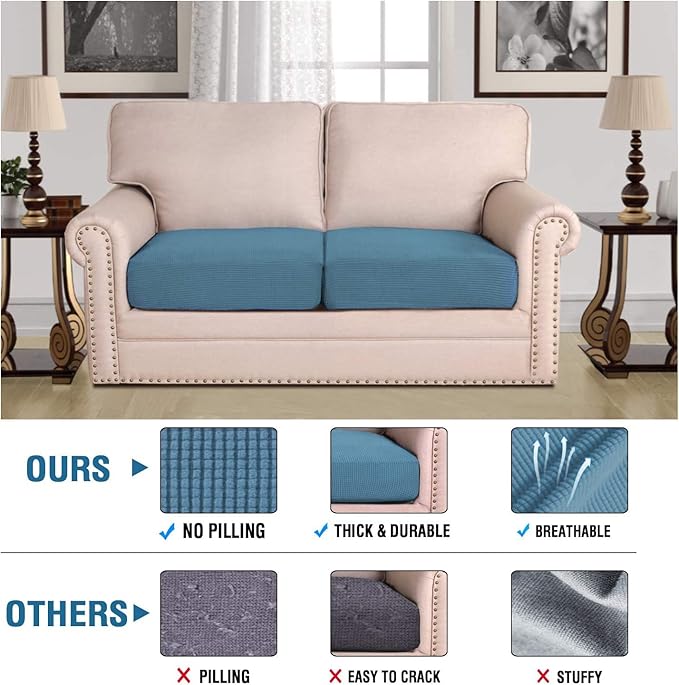 H.VERSAILTEX Super Stretch Individual Seat Cushion Covers Sofa Covers Couch Cushion Covers Slipcover Sets Thick Jacquard Textured Twill Fabric (2 Piece Medium Sofa Cushion Covers, Dusty Blue)-CasaMuseHome