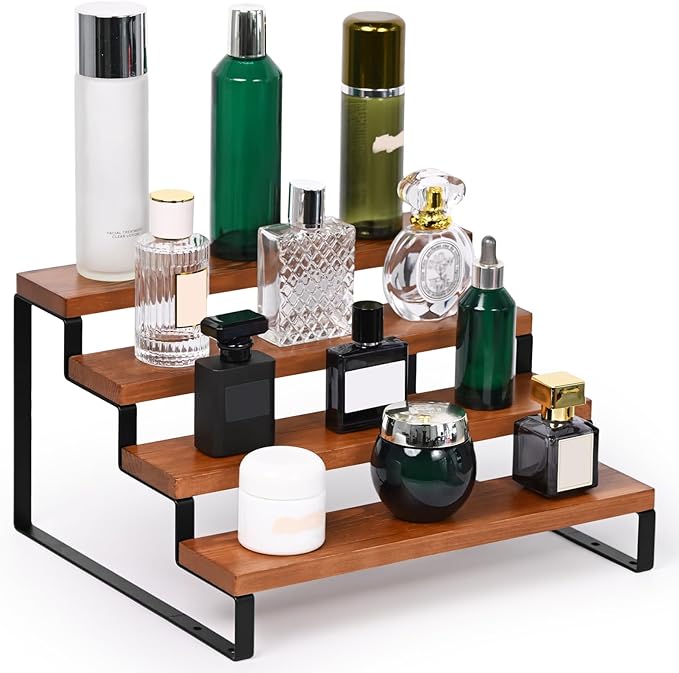 4 Tier Wooden Display Riser Stand Perfume Organizer with Metal Stand, Dessert Table Display Set, Food Display Stands for Party, Brown Rustic Solid Wood Shelf for Cupcakes, Perfume, Cologne, Spiece-CasaMuseHome