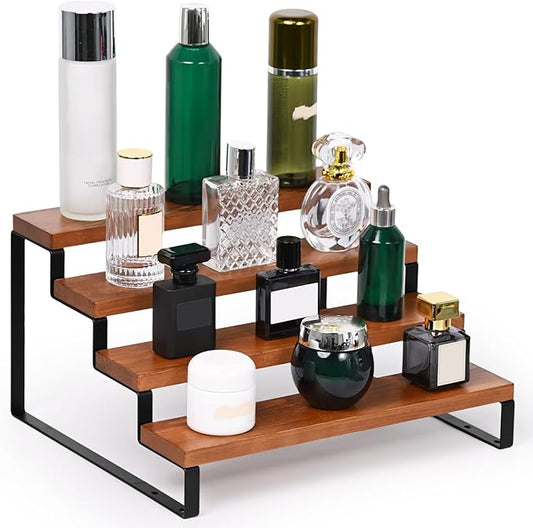 4 Tier Wooden Display Riser Stand Perfume Organizer with Metal Stand, Dessert Table Display Set, Food Display Stands for Party, Brown Rustic Solid Wood Shelf for Cupcakes, Perfume, Cologne, Spiece-CasaMuseHome